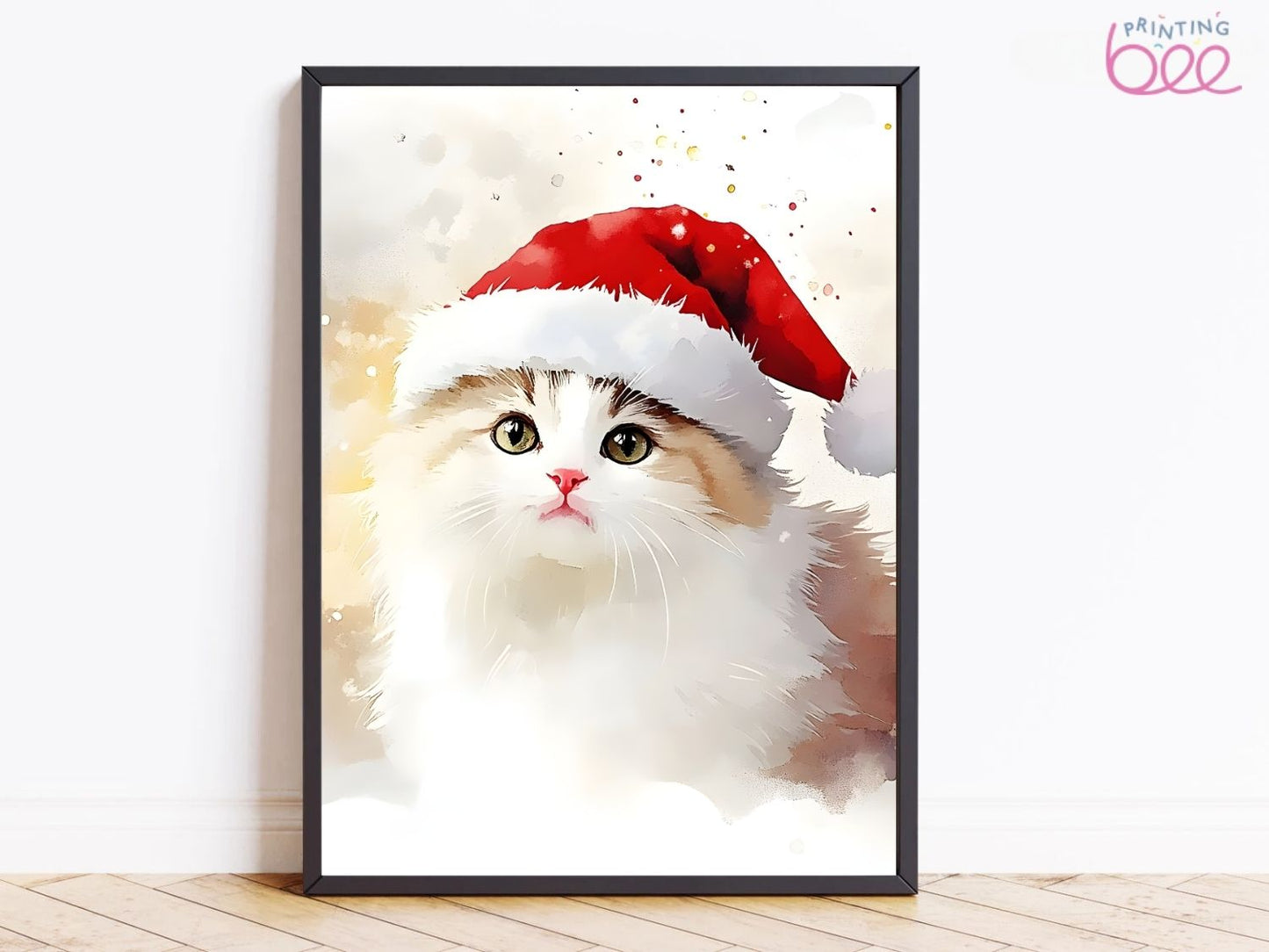 Christmas Cat Canvas Print – Fluffy Kitten with Santa Hat | Festive Holiday Wall Art for Cat Lovers