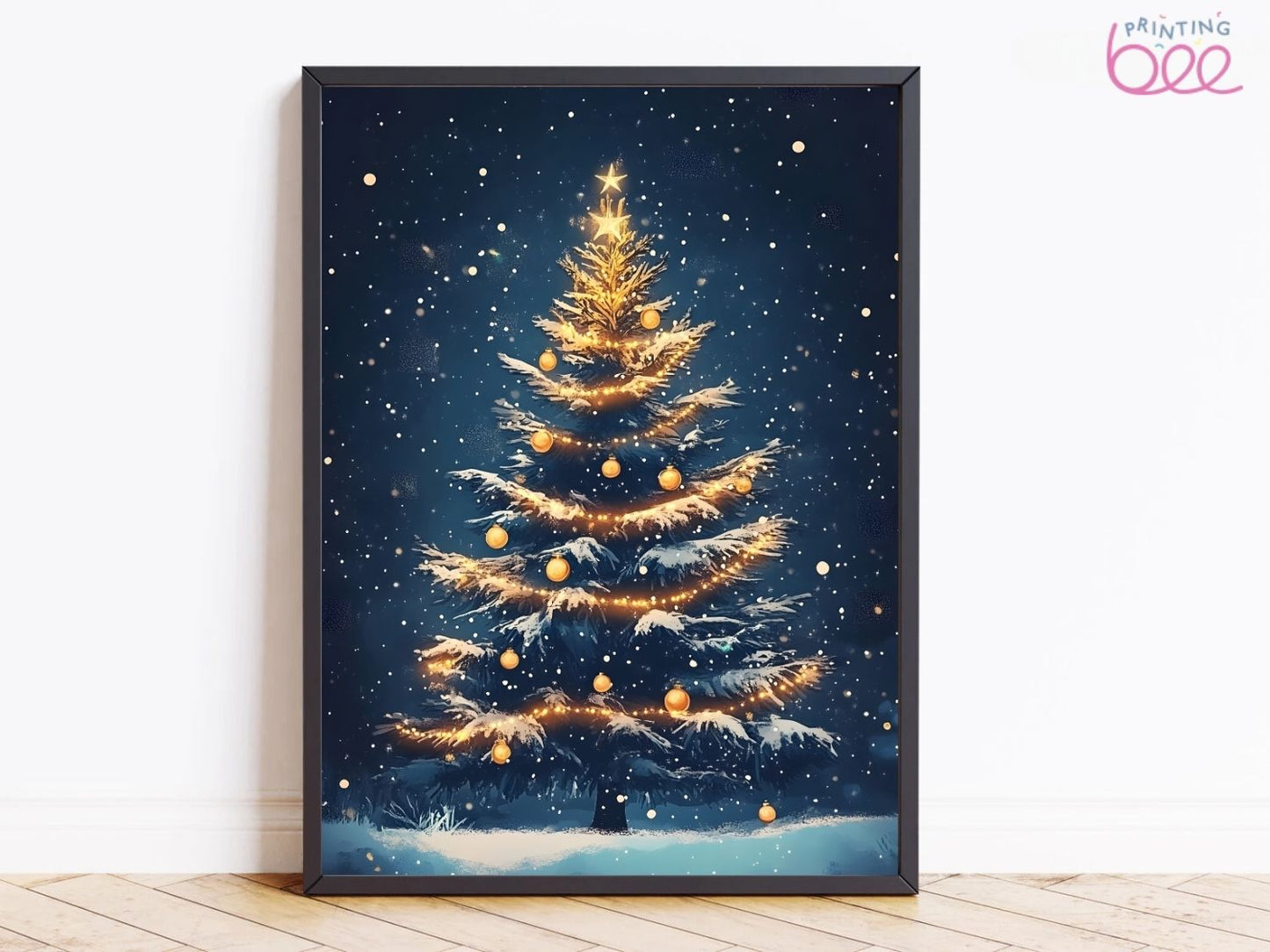 Christmas Tree with Golden Lights Canvas Art - Winter Holiday Lit Tree Snow Scene