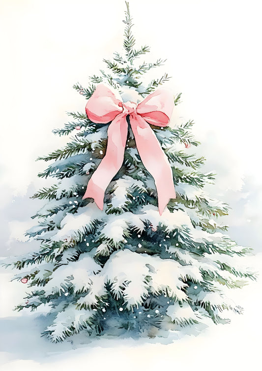 Elegant Christmas Tree Canvas Art with Pink Bow | Snow-Covered Holiday Decoration | Festive Wall Print