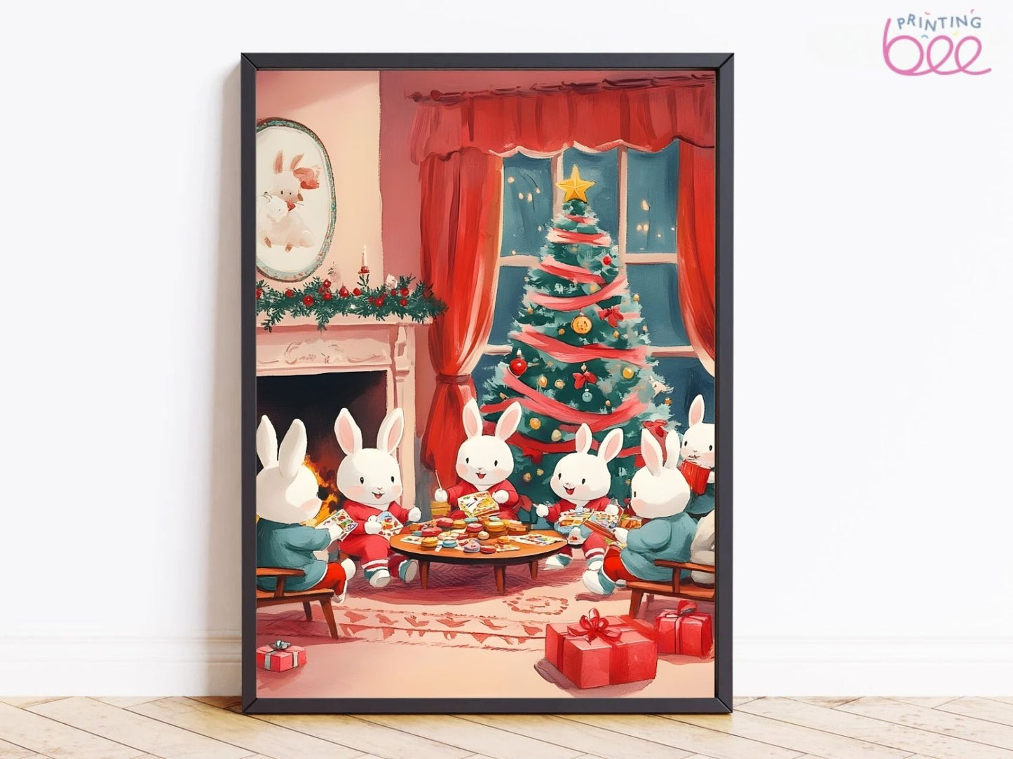 Festive Bunny Family Canvas Art - Christmas Tree Scene with Bunnies and Presents