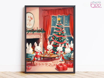 Festive Bunny Family Canvas Art - Christmas Tree Scene with Bunnies and Presents