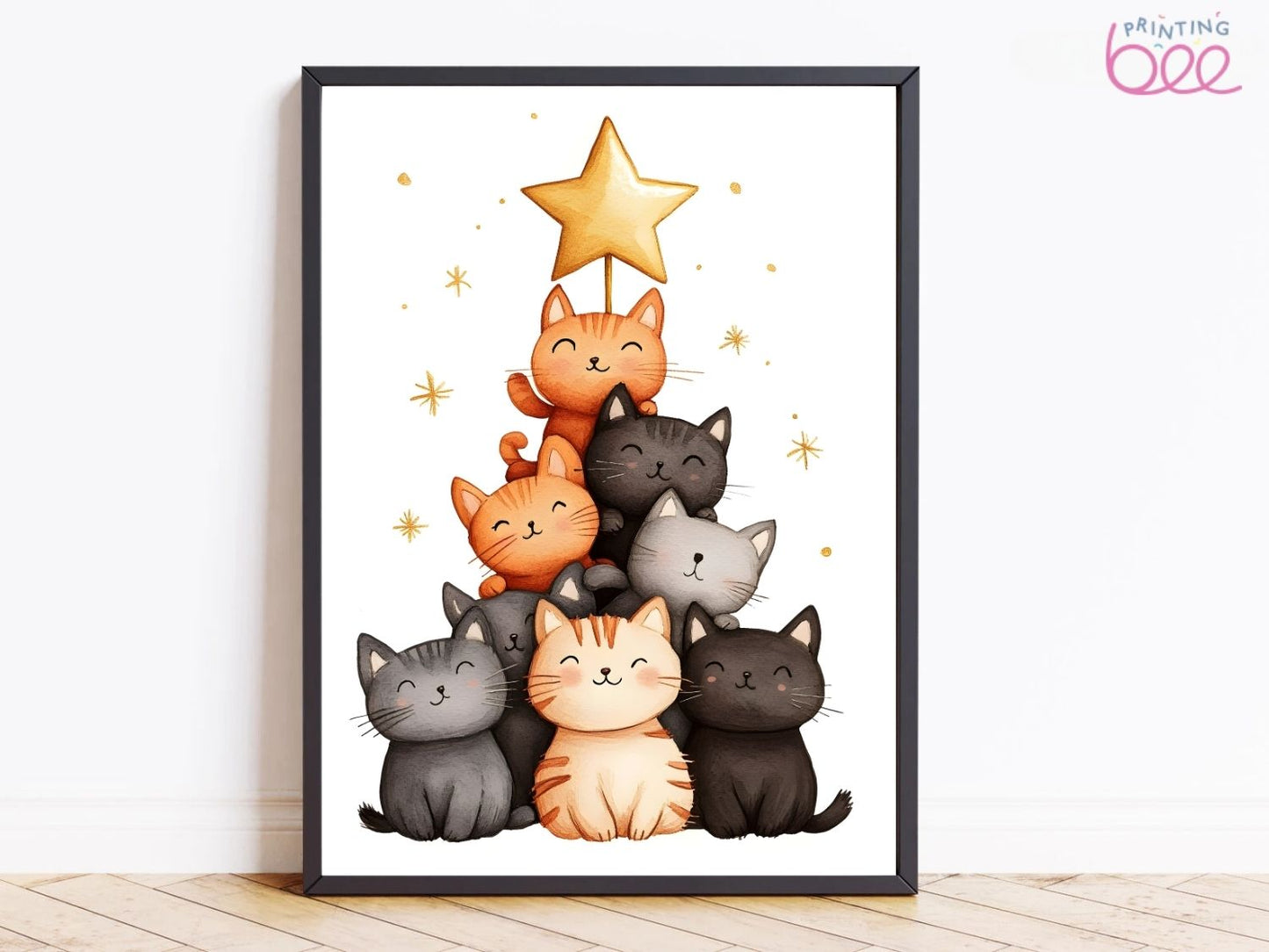 Festive Cat Christmas Tree Art Print – Adorable Holiday Decor for Cat Lovers