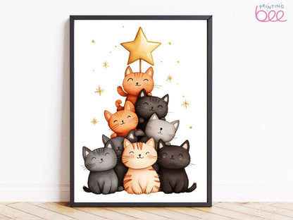 Festive Cat Christmas Tree Art Print – Adorable Holiday Decor for Cat Lovers