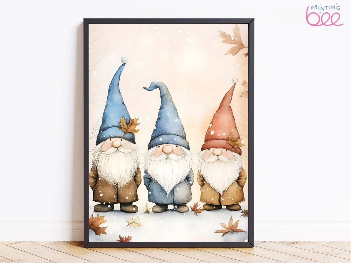 Festive Gnomes Trio Art Print – Adorable Scandinavian Christmas Canvas for Holiday Decor