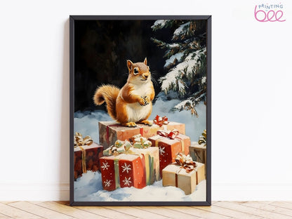 Festive Squirrel Canvas Print with Christmas Presents – Perfect for Holiday Home Decor