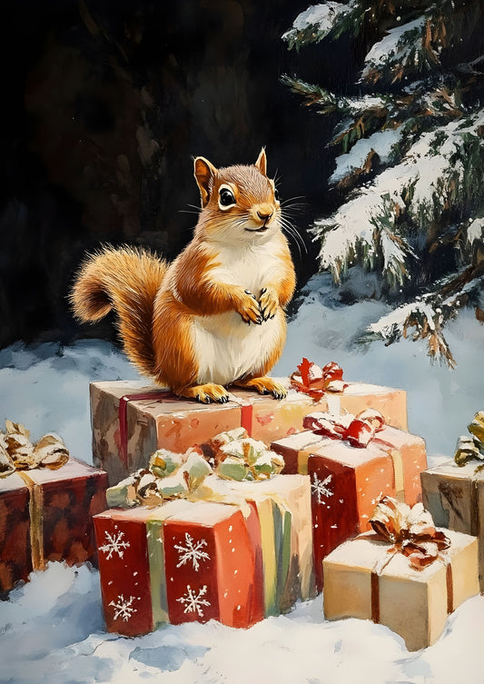 Festive Squirrel Canvas Print with Christmas Presents – Perfect for Holiday Home Decor