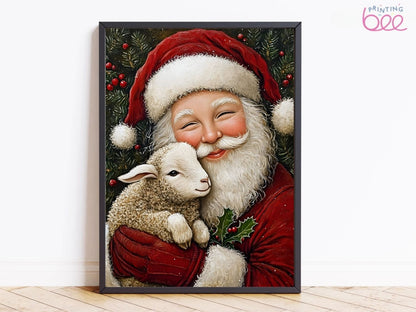 Heartwarming Santa and Lamb Christmas Art Print Canvas