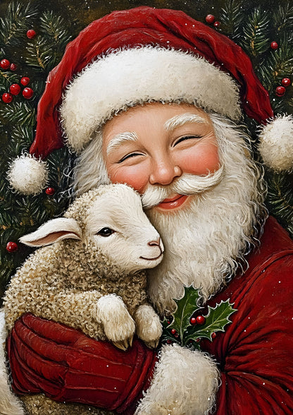 Heartwarming Santa and Lamb Christmas Art Print Canvas