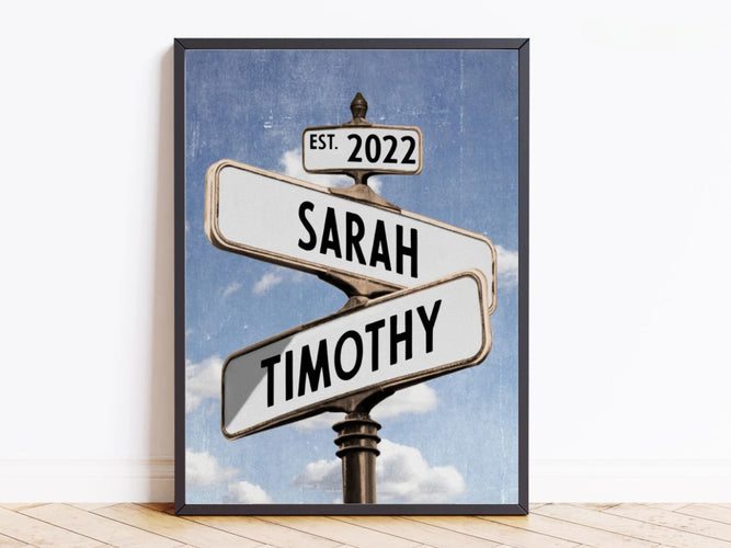 Personalised Street Sign Print From Names - Custom Vintage Couple Canvas - Wedding Anniversary Gift