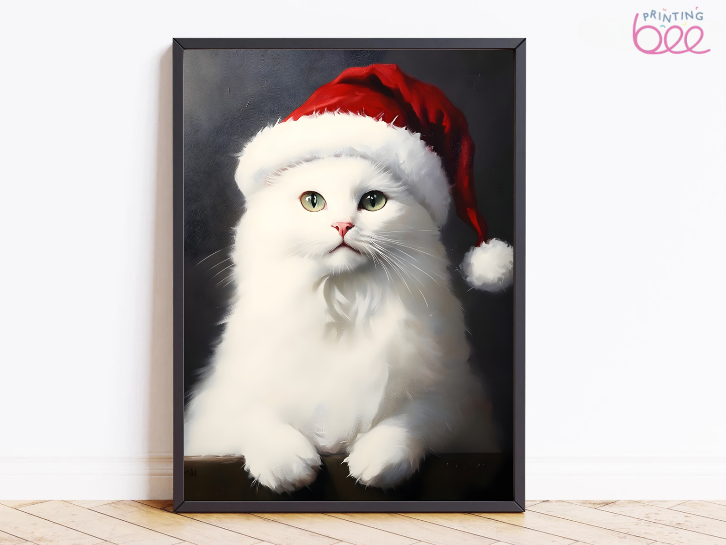 White Cat with Santa Hat Canvas Art - Festive Christmas Cat Portrait Wall Art