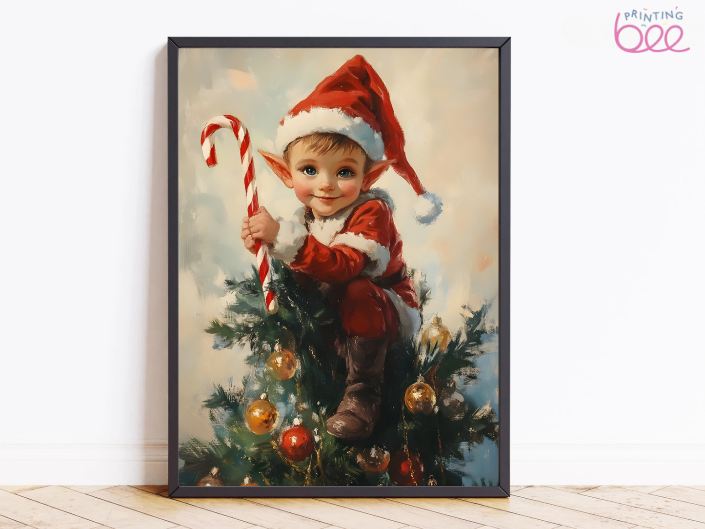 Santa’s Little Elf Canvas Print - Cute Child Elf with Candy Cane Holiday Wall Decor