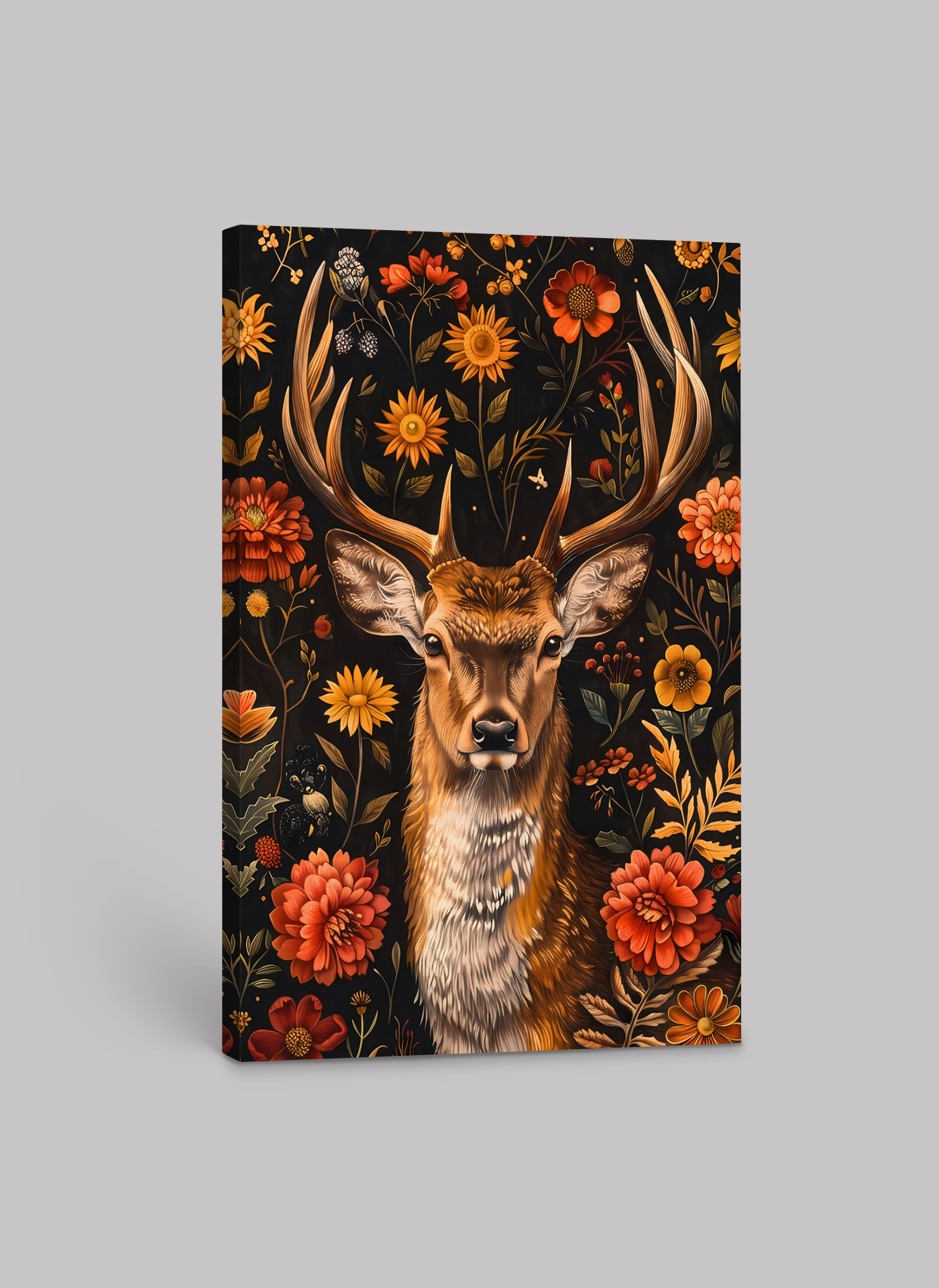 Majestic Deer with Floral Background – Nature-Inspired Art Print on Canvas or Fine Art Paper