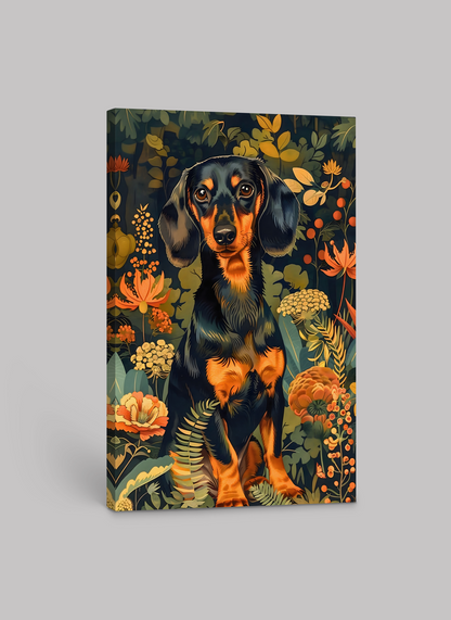 William Morris Dachshund Motif – Whimsical Floral Art Print on Canvas and Paper