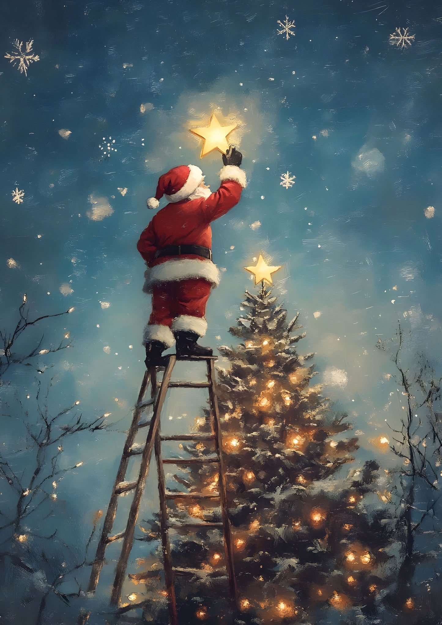 Santa Decorating Christmas Tree with Star - Festive Holiday Art Print for Christmas Decor