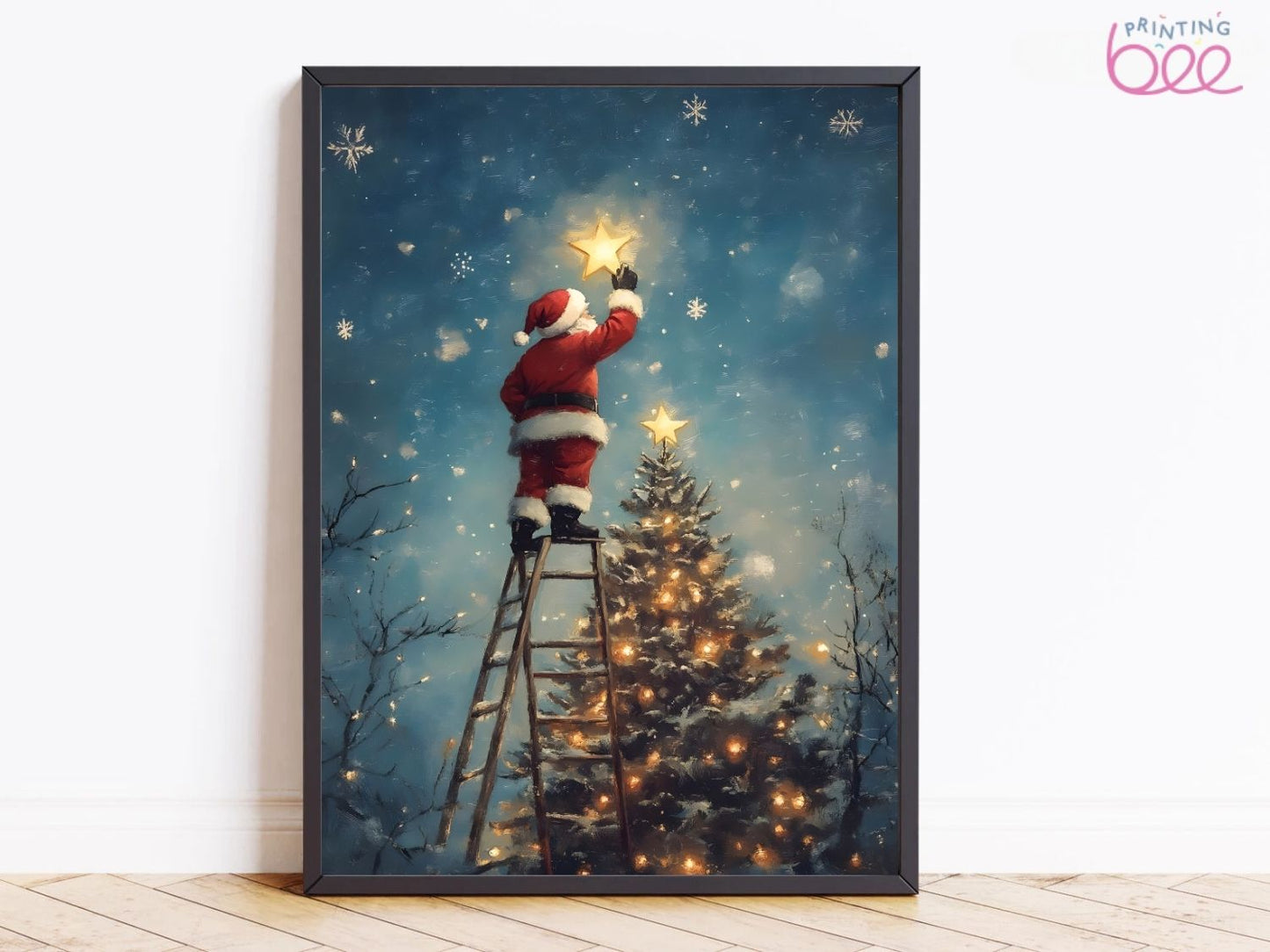 Santa Decorating Christmas Tree with Star - Festive Holiday Art Print for Christmas Decor