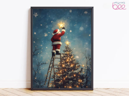 Santa Decorating Christmas Tree with Star - Festive Holiday Art Print for Christmas Decor