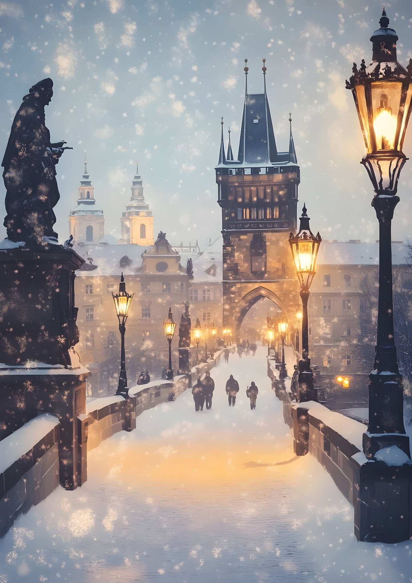 Snowy Bridge with Lanterns Winter Art Print
