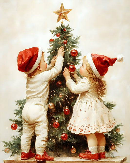 Nostalgic Christmas Kids Decorating Tree Print