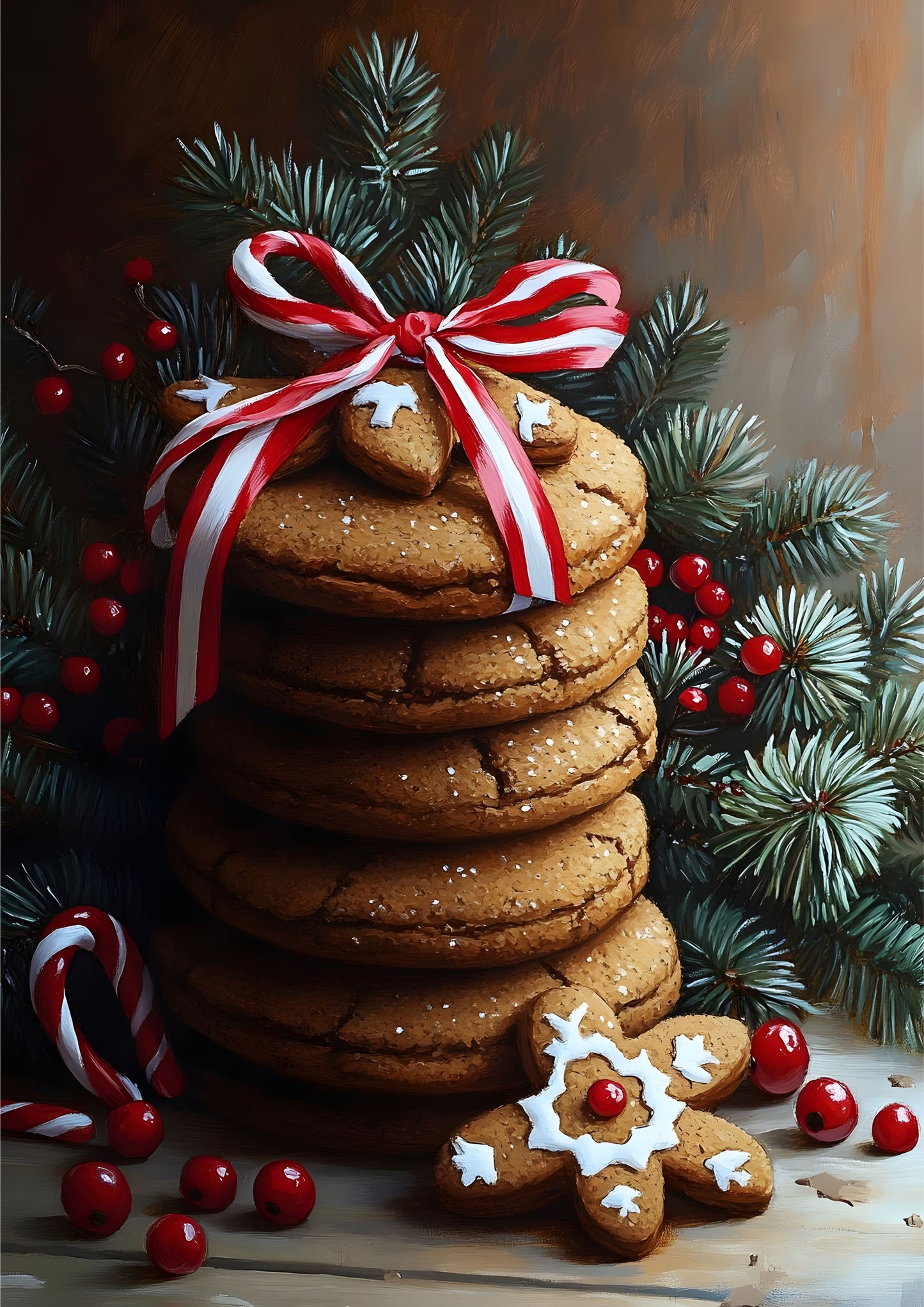 Christmas Gingerbread Cookie Stack Wall Art – Festive Holiday Canvas Print with Pine and Candy Cane Accents