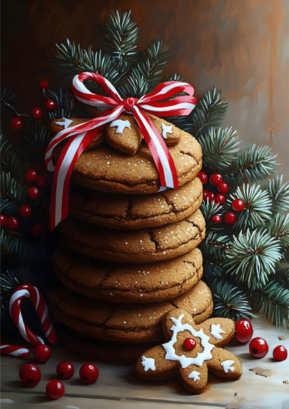 Christmas Gingerbread Cookie Stack Wall Art – Festive Holiday Canvas Print with Pine and Candy Cane Accents