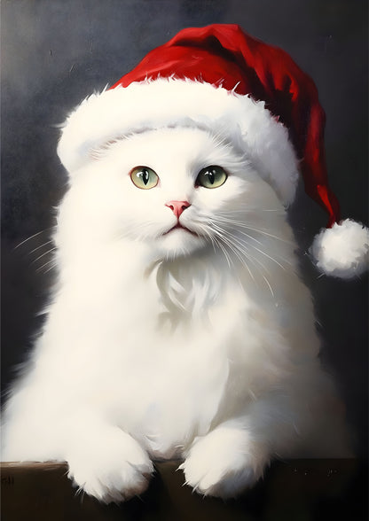White Cat with Santa Hat Canvas Art - Festive Christmas Cat Portrait Wall Art