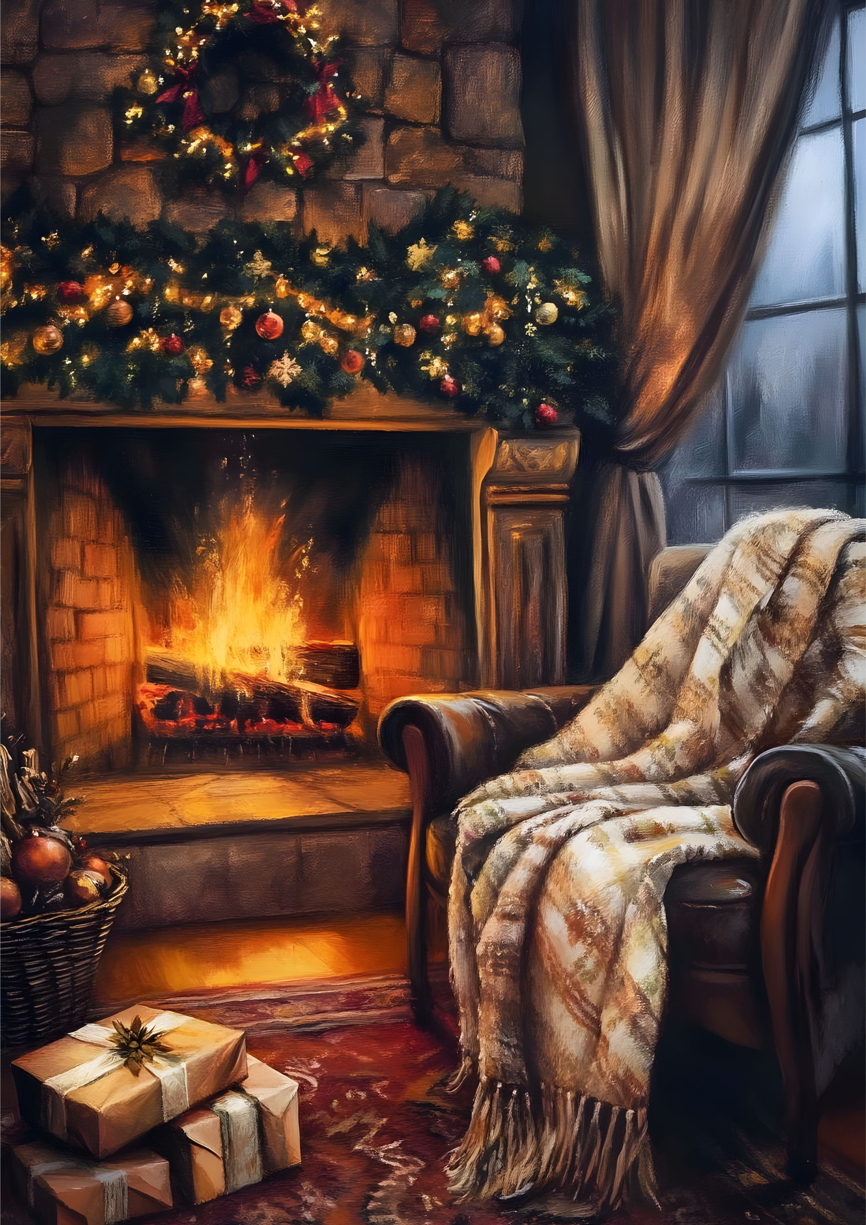 Christmas Fireplace Scene Canvas Art - Cozy Fireplace with Hanging