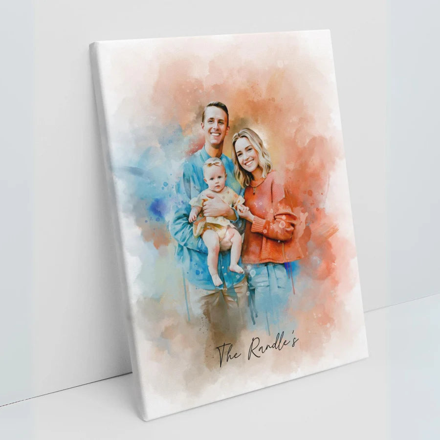 Personalised Watercolour Portrait - Photo to Watercoulor Paint, Family, Couple Printed On Canvas, Framed, Prints