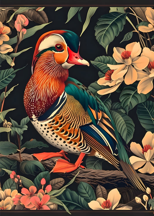 William Morris Inspired Garden Scene with Mandarin Duck – Canvas and Paper Art Print