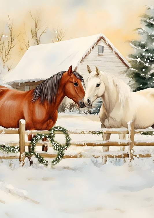 Winter Horse Companions Canvas Print – Rustic Holiday Art for Farmhouse Decor