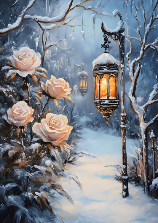 Winter Wonderland Lantern and Roses Art Print Canvas - Enchanting Snowy Scene with Glowing Lantern