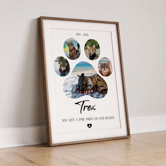 Cat memorial paw print photo collage with five colour photos, the cat's name and dates