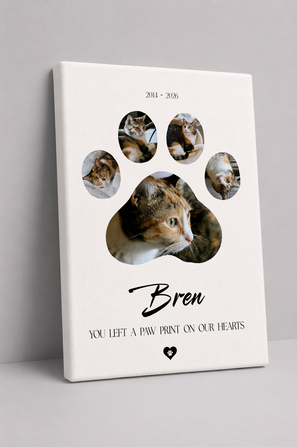 Cat memorial paw print collage on canvas with five photos and the words you left a paw print on our hearts