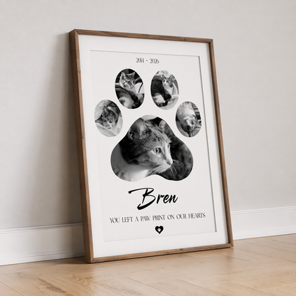 Black and white cat memorial paw print collage with five photos, a name and dates