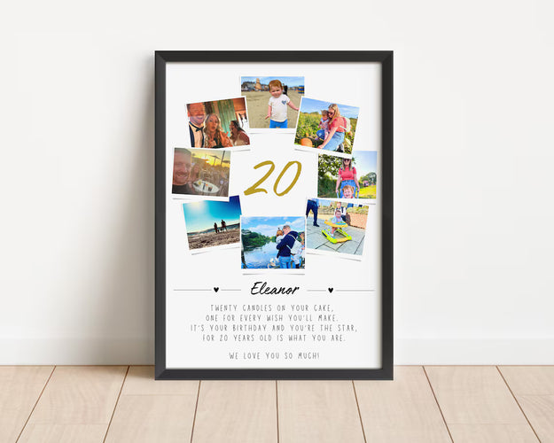 Personalised 20th Birthday Photo Collage, Becoming Adult Gift, 20th Celebration Print, Polaroid Photo Decor, Twenty Years Old Gift Friend