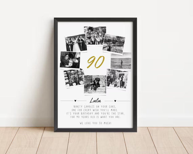 Personalised 90th Birthday Photo Collage, 90th Celebration Gift, Ninety Wall Art, Polaroid Photo Decor, Unique Milestone Gift Mum Dad Friend
