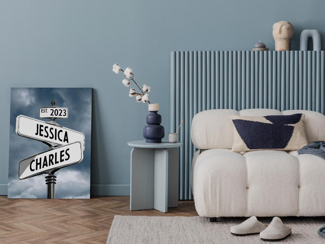 Personalised Street Sign Print From Names - Custom Vintage Couple Canvas - Wedding Anniversary Gift