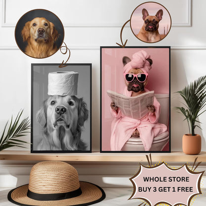 Personalised Funny Bathroom Dog Print From Photo - Dog on Toilet Art - Custom Pet Portrait - Dog Dad Gift