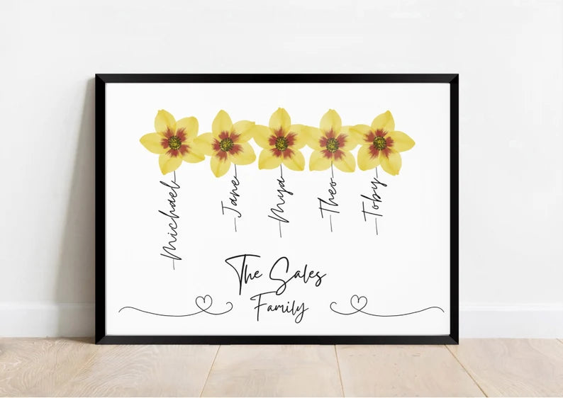 Personalised Family Flower Print, Family Portrait Gift, Birthday Flower Print, Our Family Wall Art, Friendship Print, Mum Christmas Gift