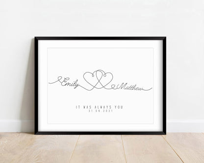 Custom Couple Line Art Print, Minimalist Anniversary Gift, Personalised Gift for Girlfriend or Boyfriend, Framed Birthday Gift for Him Her