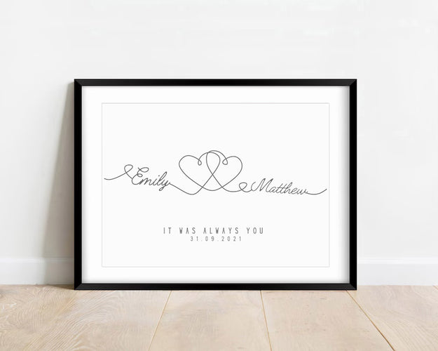 Custom Couple Line Art Print, Minimalist Anniversary Gift, Personalised Gift for Girlfriend or Boyfriend, Framed Birthday Gift for Him Her