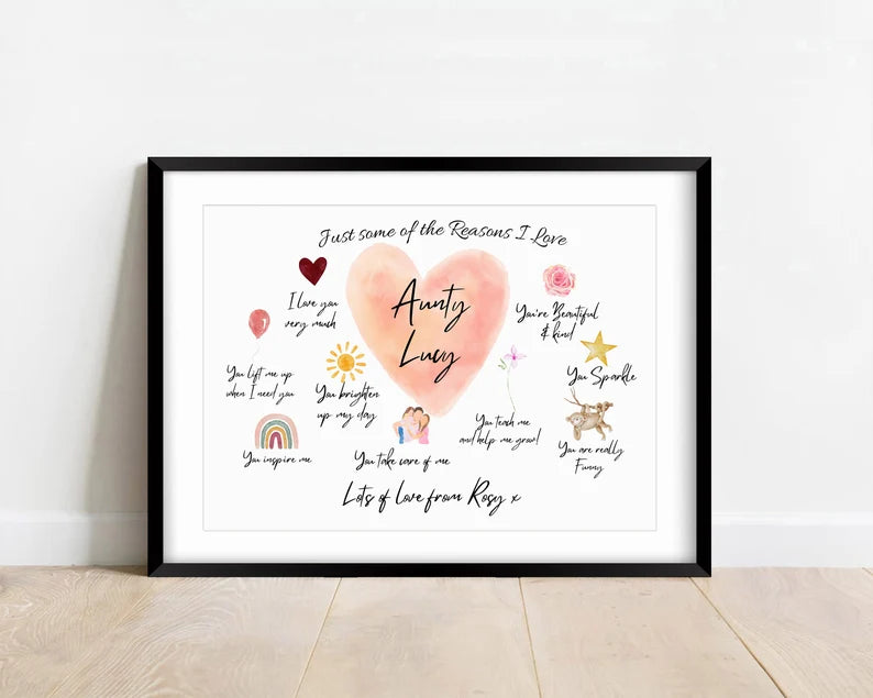 Personalised Auntie Gift, Reasons I Love You Print, Framed Aunt Watercolour Art, Cutom Quotes for Aunty, Birthday Gift Sister, Framed Gift