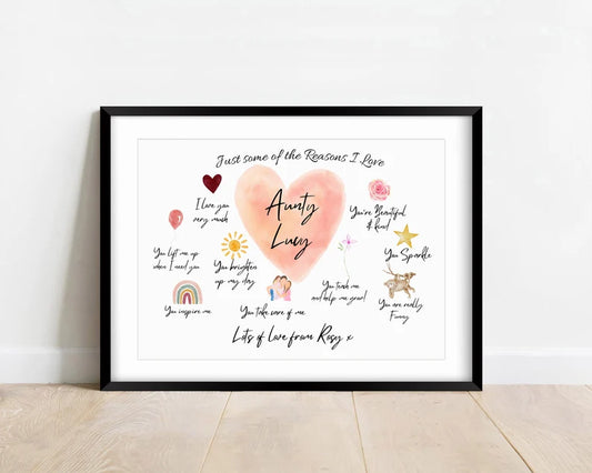 Personalised Auntie Gift, Reasons I Love You Print, Framed Aunt Watercolour Art, Cutom Quotes for Aunty, Birthday Gift Sister, Framed Gift