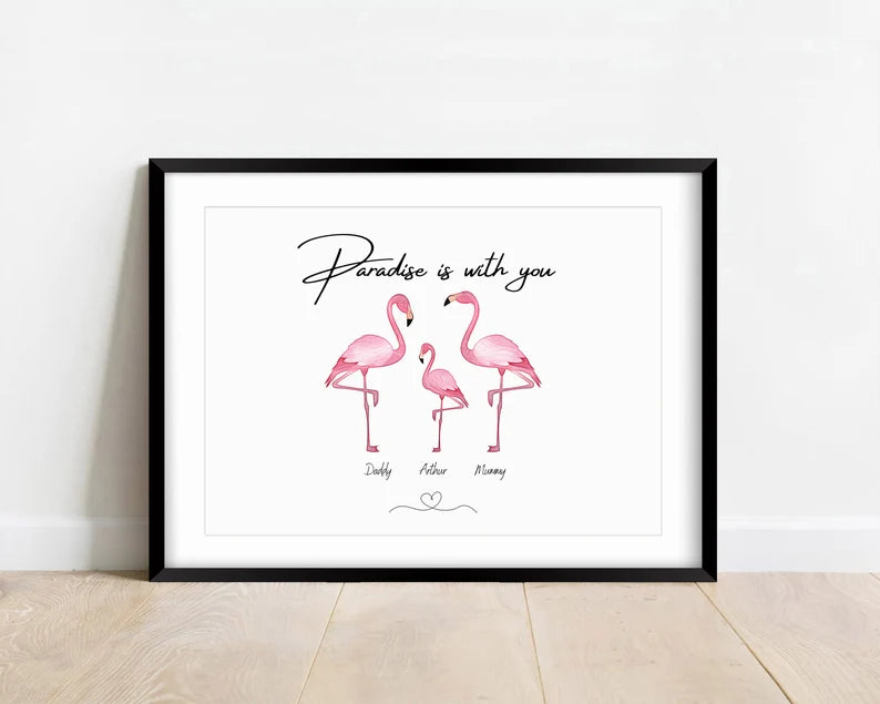 Personalised Family Flamingo Print, Custom Character Gift, New Family Animal, Watercolour Flamingo Decor, New Home Present, Pink Flamingo