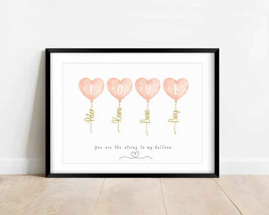 Personalised Family Portrait Print, Custom Balloon Line Art, Watercolour Art, Mother Father Gift, Anniversary Gift, New Mummy Gift from Dad