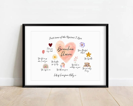 Personalised Nana Gift from Grandchildren | Reasons I Love You Wall Art | Customisable Names and Messages | Christmas Gift Print for Grandma