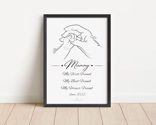 Custom Mum and Baby Line Art Print, Personalised Mother's Day Gift, Mum First Best Friend Quote, New Mummy Birthday Gift, Baby Hand Decor