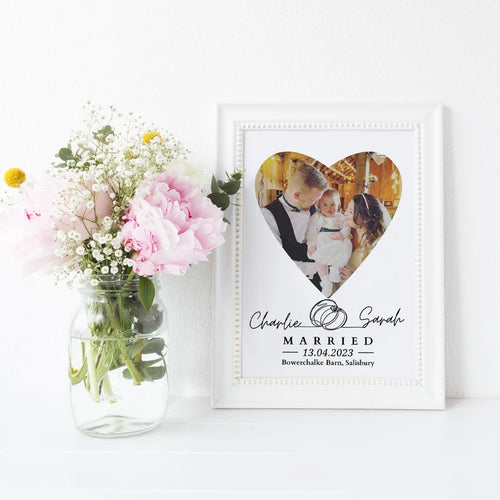 Personalised Wedding Photo Gift, Custom Heart Picture Frame, Married Name Date Venue Gift Print, Couple Wall Art, First Anniversary Keepsake