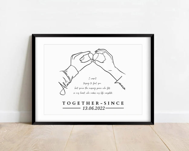Personalized Couple Line Art Print, Custom Hands Drawing, Names & Date, 