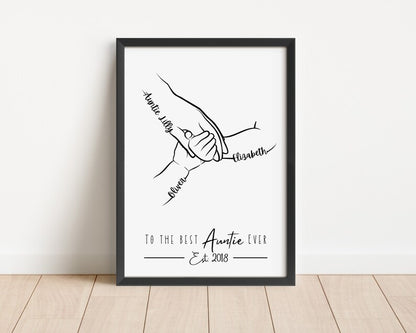 Custom Auntie Hands Print, Birthday Gift for Aunty from Nephew Niece, 1 to 4 Child Hands, Minimalist Line Art, Aunt Family Hands Keepsake