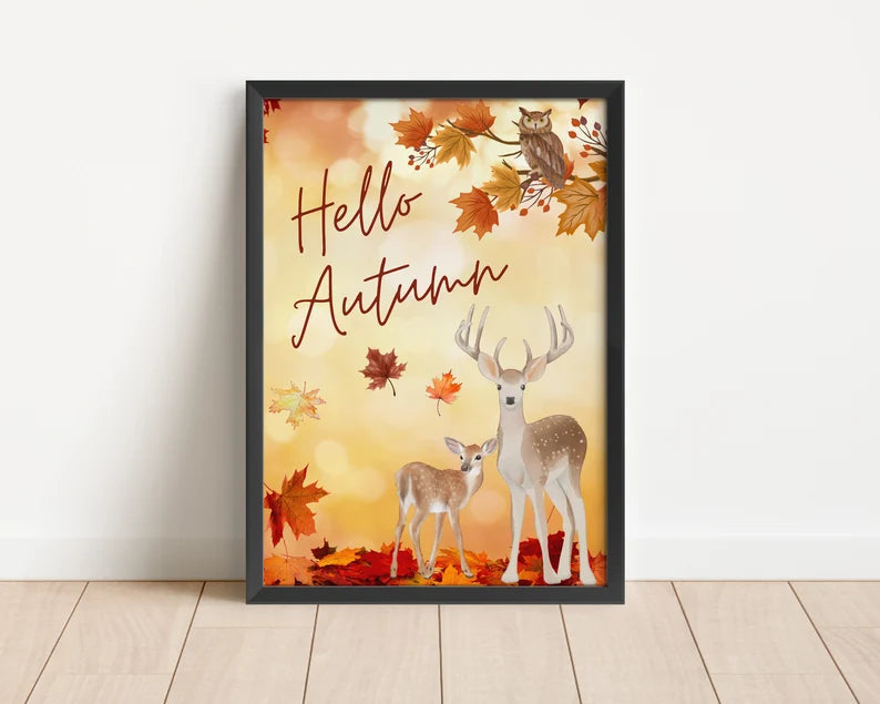 Autumn Leaves Poster, Hello Autumn Print, Deer Watercolour, Autumnal Decor, Seasonal Fall Wall Art, Autumn Vibes, Fall Theme Printable